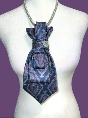 Pearl Necklace with Navy Paisley Silk Pendant